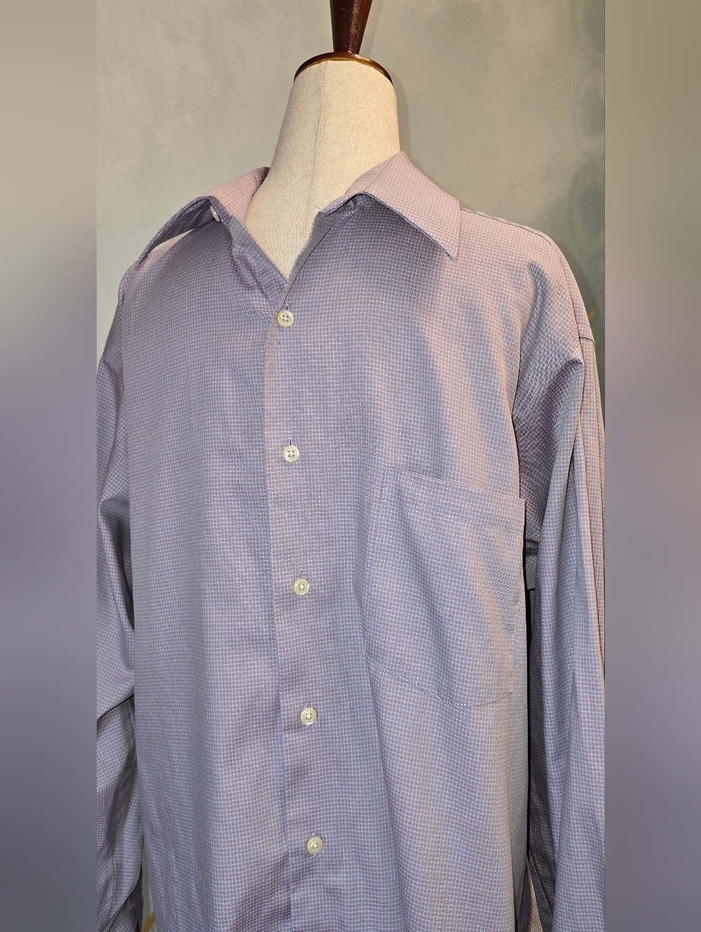 Geoffrey Beene Pinpoint Wrinkle Free Lavender Check Button-Down Shirt 16 34/35